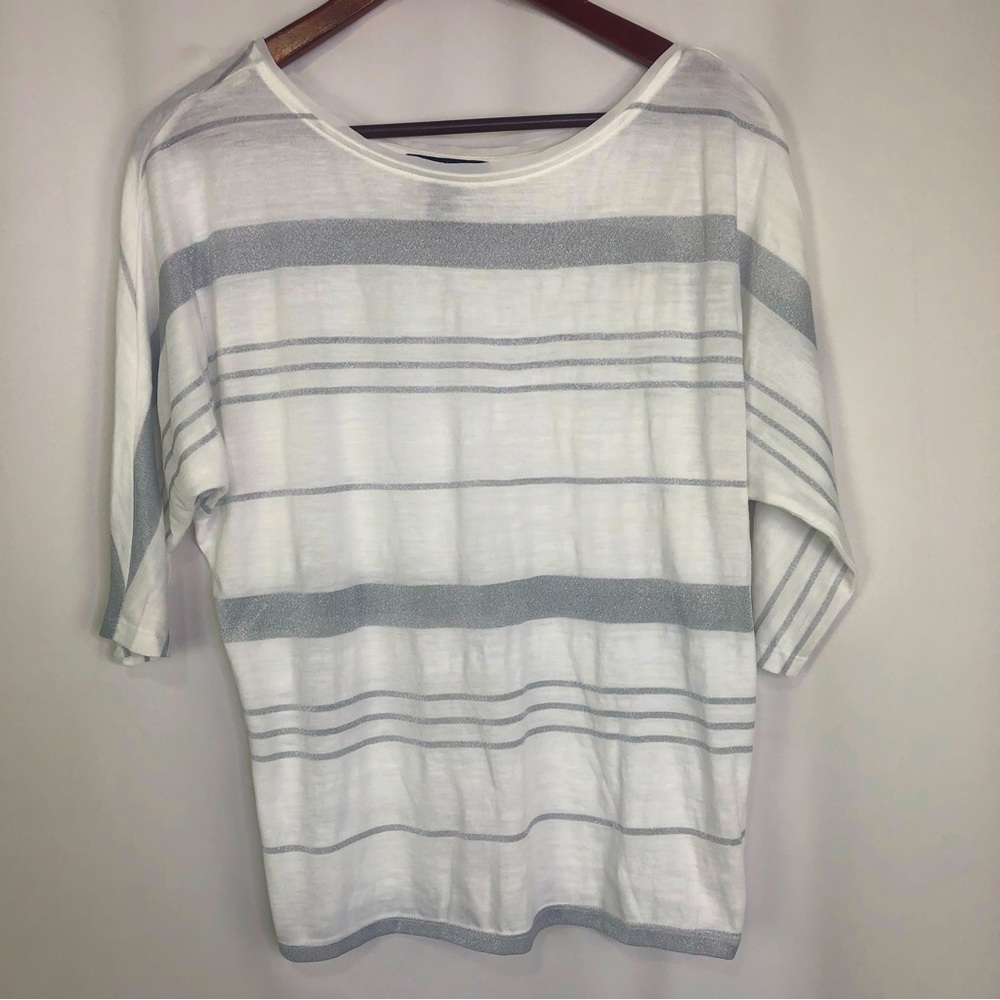 White House Black Market Striped Shirt Metallic Dolman Sleeve White Top Womens